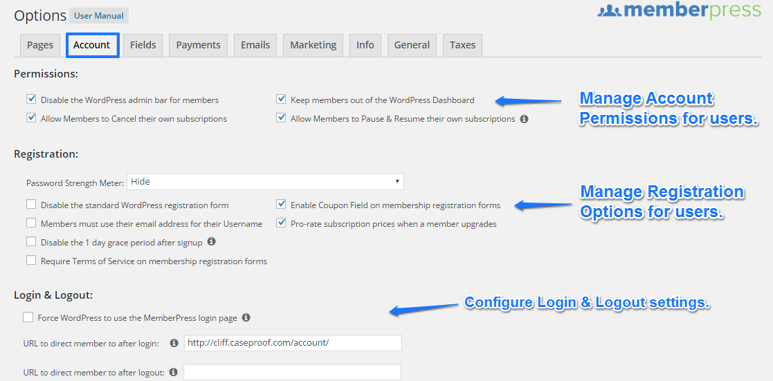 Account options. MEMBERPRESS вордпресс плагин примеры. WORDPRESS MEMBERPRESS Pro.