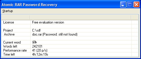 Взлом паролей:  Rar password recovery